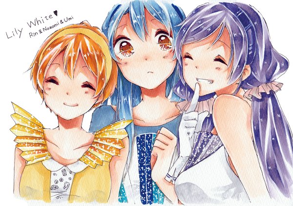 Anime picture 1200x844 with love live! school idol project sunrise (studio) love live! toujou nozomi sonoda umi hoshizora rin kawana (spicaboy) long hair looking at viewer short hair simple background white background twintails bare shoulders multiple girls brown eyes blue hair purple hair eyes closed orange hair