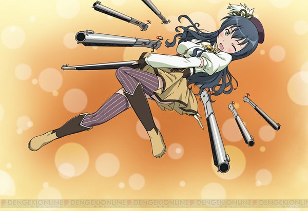 Anime picture 1000x688 with ore no imouto ga konna ni kawaii wake ga nai makishima saori long hair open mouth black hair yellow eyes one eye closed wink tomoe mami (cosplay) girl thighhighs skirt weapon black thighhighs miniskirt gun striped thighhighs