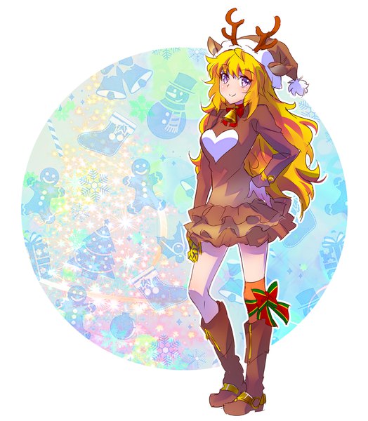 Anime picture 1571x1800 with rwby rooster teeth yang xiao long iesupa single long hair tall image looking at viewer blonde hair smile standing purple eyes animal ears horn (horns) christmas wavy hair outline asymmetrical legwear antlers deer ears