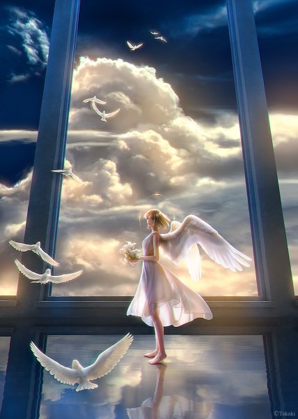 Anime picture 855x1200 with original takashi mare single tall image looking at viewer short hair blonde hair standing bare shoulders signed sky cloud (clouds) pink eyes barefoot sunlight sleeveless turning head reflection angel wings sunbeam