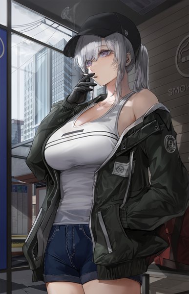 Anime picture 800x1240 with original kim eb single long hair tall image fringe breasts large breasts standing purple eyes signed payot looking away cleavage silver hair outdoors ponytail arm up off shoulder mole