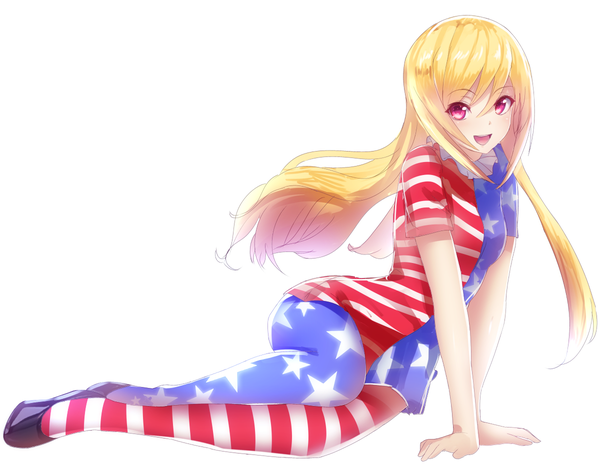 Anime picture 1200x934 with touhou clownpiece patata single long hair looking at viewer fringe open mouth blonde hair simple background red eyes white background sitting full body star print asymmetrical clothes no hat clown girl shirt