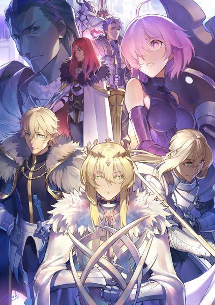 Anime picture 986x1400 with fate (series) fate/grand order artoria pendragon (all) mash kyrielight mordred (fate) artoria pendragon (lancer) gawain (fate) bedivere (fate) lancelot (fate/grand order) tristan (fate) agravain (fate) bianyuanqishi long hair tall image looking at viewer fringe short hair blue eyes black hair blonde hair