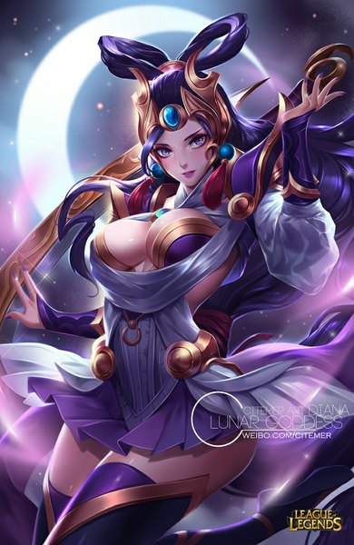 Anime picture 667x1024 with league of legends diana (league of legends) gu-ko citemer single tall image looking at viewer blush breasts light erotic large breasts purple eyes signed cleavage purple hair bent knee (knees) very long hair nail polish arm up realistic night