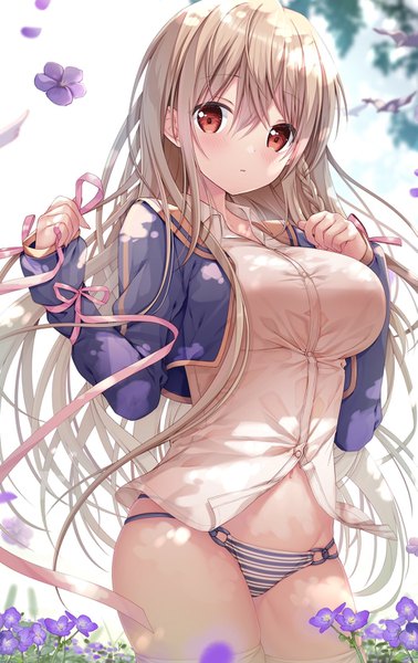 Anime picture 927x1472 with original maeda shiori sousouman single long hair tall image looking at viewer blush fringe breasts light erotic blonde hair hair between eyes red eyes standing braid (braids) open clothes side braid girl navel