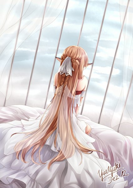 Anime picture 827x1169 with sword art online a-1 pictures yuuki asuna titania (alo) yueyuki single long hair tall image brown hair signed pointy ears from behind elf girl dress cage