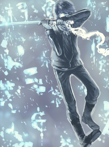 Anime picture 2000x2700 with noragami studio bones yato (noragami) kyotyan single tall image fringe highres short hair simple background looking away aqua eyes grey background glowing serious glow grey skin boy weapon sword