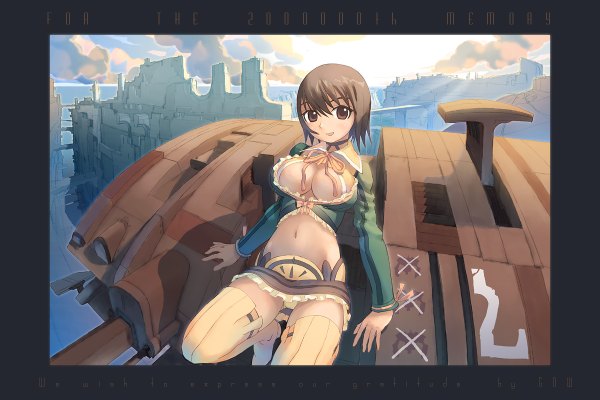 Anime picture 1200x800 with tagme (copyright) tagme (artist) single looking at viewer short hair breasts open mouth light erotic smile brown hair large breasts brown eyes cloud (clouds) outdoors :d text english upskirt girl skirt