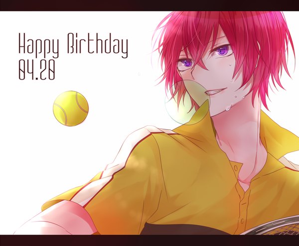 Anime picture 1200x990 with prince of tennis marui bunta peko (pixiv id3939956) single blush short hair simple background white background purple eyes looking away pink hair sweat happy birthday boy uniform gym uniform ball tennis uniform tennis ball