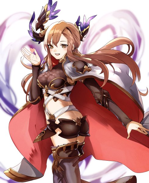 Anime picture 977x1200 with granblue fantasy song (granblue fantasy) eredhen single long hair tall image blush fringe breasts open mouth light erotic hair between eyes brown hair white background brown eyes looking away long sleeves girl shorts boots