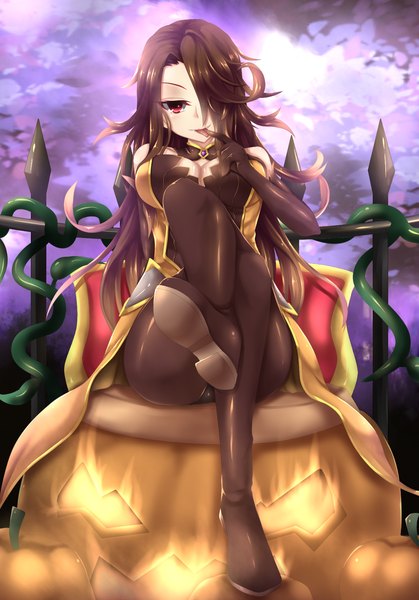 Anime picture 1195x1710 with original fi-san single long hair tall image looking at viewer fringe light erotic red eyes brown hair sitting hair over one eye legs crossed legs finger to mouth halloween girl tongue jack-o'-lantern