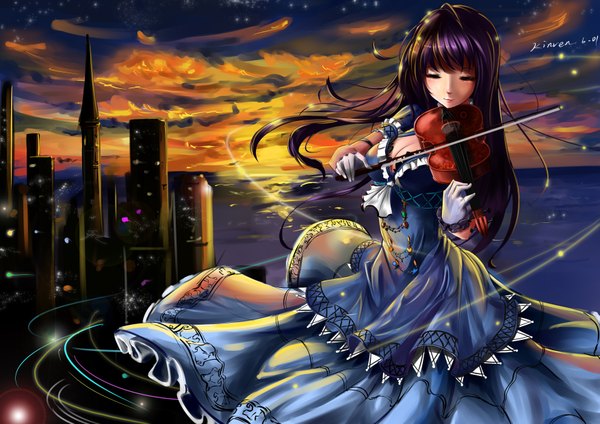 Anime picture 3507x2480 with original kinven single long hair blush highres smile signed absurdres sky cleavage purple hair cloud (clouds) eyes closed inscription city evening sunset cityscape girl