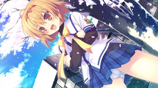 Anime picture 1280x720 with clover day's single blush short hair open mouth light erotic blonde hair wide image brown eyes game cg cherry blossoms girl skirt uniform underwear panties plant (plants) school uniform petals tree (trees)