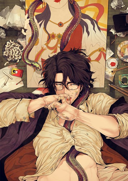 Anime picture 842x1191 with original mdoro single tall image short hair brown hair lying bare belly grey eyes hand to mouth partially open clothes dirty bristle boy shirt glasses paper cigarette snake picture