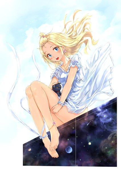 Anime picture 1263x1784 with original kazeno single long hair tall image looking at viewer blush open mouth blue eyes blonde hair sitting barefoot bare legs girl animal cat sundress