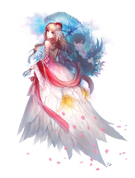 Anime picture 1200x1576 with original danhu long hair tall image looking at viewer fringe short hair simple background white background bare shoulders holding signed profile looking back hair flower wide sleeves bare back girl boy hair ornament