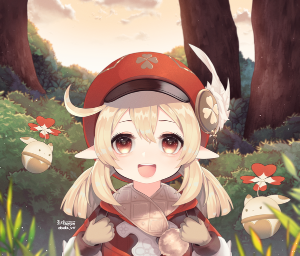 Anime picture 1100x937 with genshin impact klee (genshin impact) doda vv single long hair looking at viewer fringe open mouth blonde hair hair between eyes red eyes twintails ahoge outdoors :d pointy ears low twintails girl plant (plants) hat