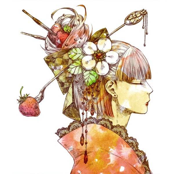 Anime picture 1000x1000 with original itsuiko single fringe short hair blonde hair white background eyes closed profile hair flower girl hair ornament flower (flowers) bow hair bow earrings food beads berry (berries) lace