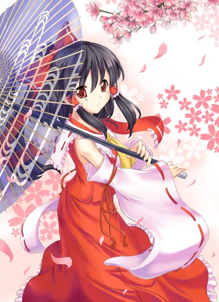 Anime picture 946x1303 with touhou hakurei reimu miyuki rei single long hair tall image looking at viewer black hair red eyes cherry blossoms girl skirt plant (plants) detached sleeves petals tree (trees) umbrella skirt set
