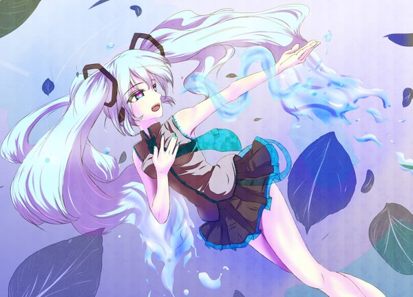 Anime picture 1311x945 with vocaloid hatsune miku purple eyes twintails white hair girl leaf (leaves)