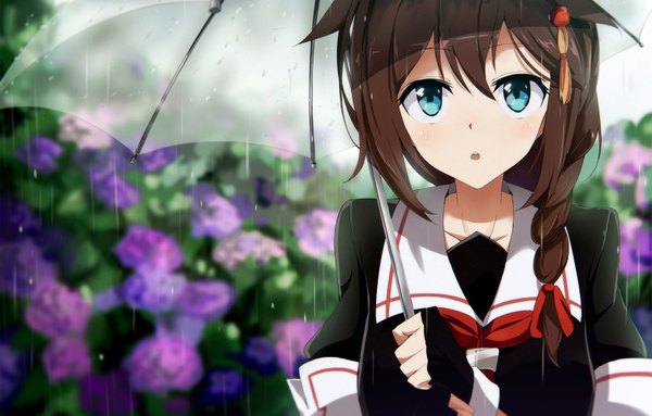 Anime picture 1725x1102 with kantai collection shigure destroyer tomato (lsj44867) single long hair looking at viewer blush fringe highres open mouth blue eyes brown hair holding braid (braids) single braid rain remodel (kantai collection) transparent umbrella girl gloves
