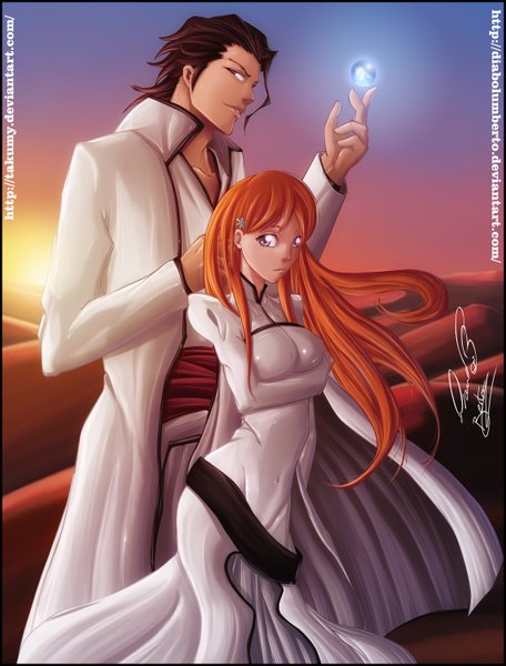 Anime picture 1142x1500 with bleach studio pierrot inoue orihime aizen sousuke diabolumberto long hair tall image looking at viewer short hair smile brown hair purple eyes brown eyes sky sunlight orange hair coloring magic evening sunset