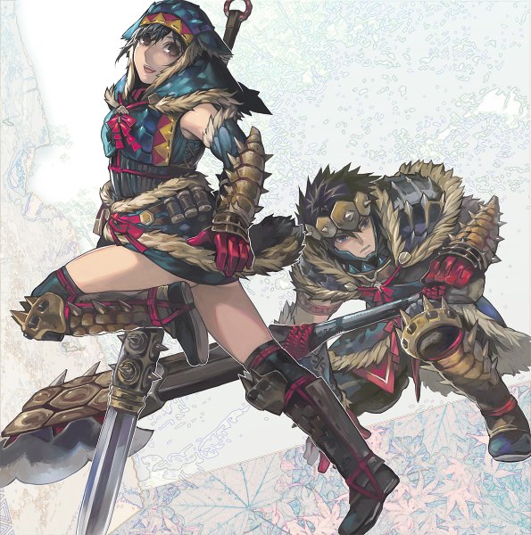 Anime picture 1190x1200 with monster hunter monster hunter (character) aoashira (armor) aoin tall image short hair open mouth blue eyes black hair smile brown eyes squat girl boy gloves weapon detached sleeves sword armor thigh boots