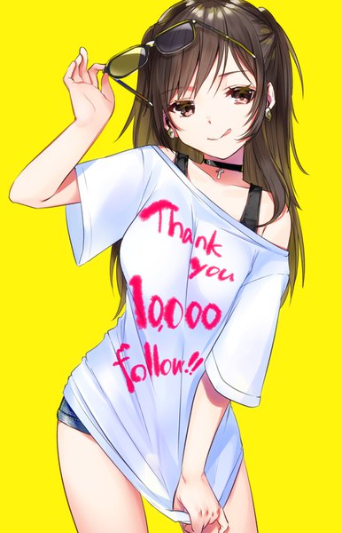 Anime picture 1000x1552 with original ayamori mimi single long hair tall image looking at viewer fringe simple background brown hair standing brown eyes off shoulder leaning yellow background clothes writing :q holding eyewear shirt tug girl earrings