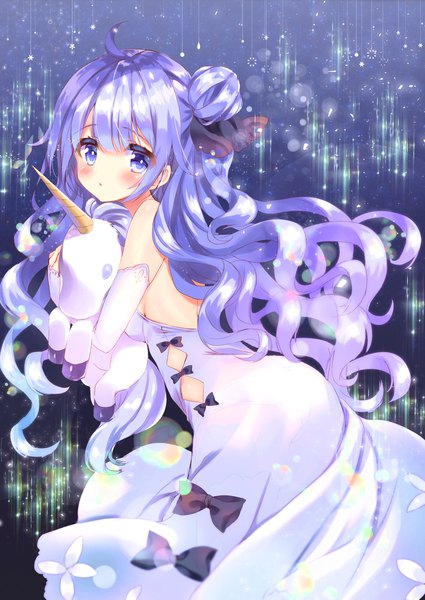 Anime picture 1536x2169 with azur lane unicorn (azur lane) honoka (1399871) single long hair tall image looking at viewer blush fringe breasts open mouth simple background hair between eyes standing purple eyes holding payot purple hair ahoge multicolored hair