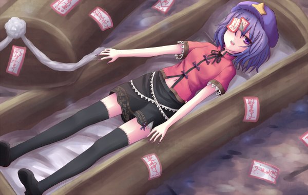 Anime picture 1200x763 with touhou miyako yoshika suikakitsu shiro single short hair purple eyes purple hair lying fingernails long fingernails girl thighhighs black thighhighs star (symbol) peaked cap coffin