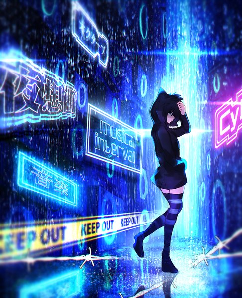 Anime picture 1596x1971 with original tarbo (exxxpiation) single tall image looking at viewer fringe short hair blue eyes black hair hair between eyes standing full body long sleeves looking back arm up from behind hieroglyph standing on one leg rain animal hood