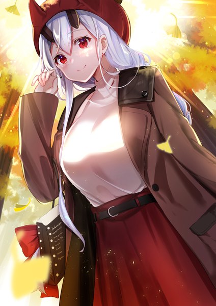 Anime picture 2894x4093 with fate (series) fate/grand order tomoe gozen (fate) felnemo3 single long hair tall image looking at viewer blush fringe highres breasts smile hair between eyes red eyes standing silver hair horn (horns) blurry inscription