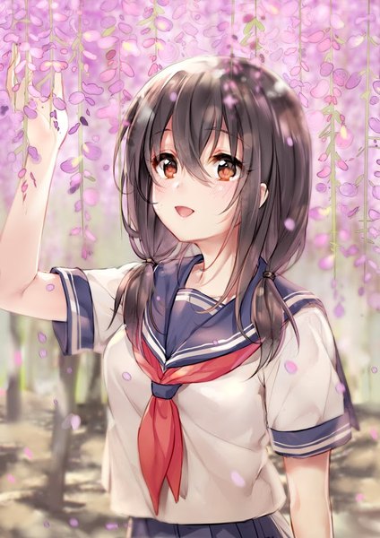 Anime picture 671x949 with idolmaster idolmaster cinderella girls fujiwara hajime pf single long hair tall image looking at viewer blush fringe breasts open mouth smile hair between eyes brown hair twintails holding upper body outdoors :d