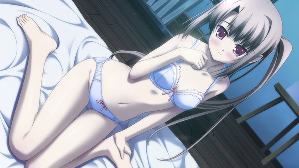Anime picture 1920x1080 with canvas 4 (game) hitose satsuki hitose mitsuba amakusa tobari long hair looking at viewer blush highres light erotic smile red eyes wide image bare shoulders game cg barefoot grey hair bare belly bare legs underwear only side ponytail