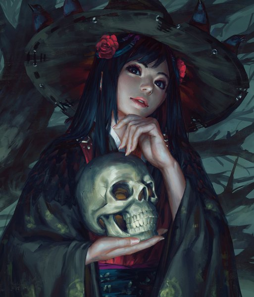 Anime picture 2500x2924 with original guweiz single long hair tall image looking at viewer fringe highres black hair holding upper body traditional clothes parted lips head tilt japanese clothes arm up hair flower fingernails lips black eyes