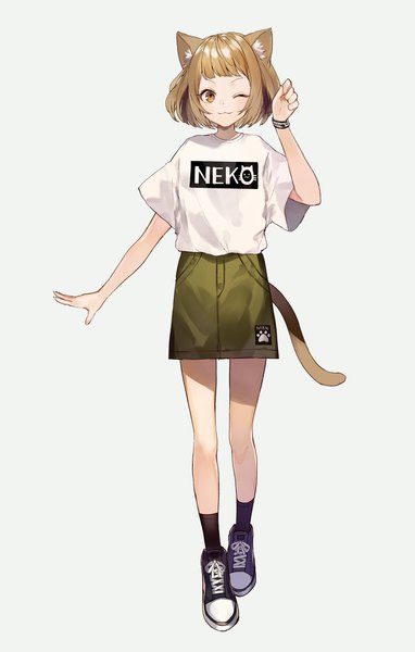 Anime picture 700x1097 with original shugao single tall image looking at viewer blush fringe short hair simple background blonde hair standing animal ears yellow eyes full body tail animal tail one eye closed arm up wink cat ears