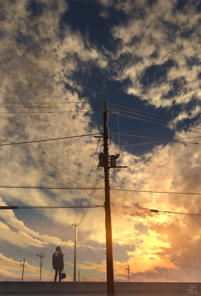 Anime picture 682x1000 with original mocha (cotton) single tall image short hair standing holding signed sky cloud (clouds) from behind sunlight girl scarf bag wire (wires) power lines pole