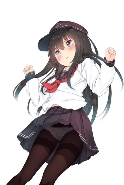 Anime picture 806x1200 with kantai collection akatsuki destroyer kiyomin single long hair tall image blush blue eyes light erotic black hair simple background white background girl skirt uniform underwear panties pantyhose serafuku anchor symbol