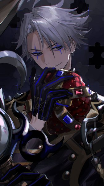 Anime picture 600x1067 with fate (series) fate/grand order james moriarty (fate) james moriarty (ruler) (fate) itefu single tall image short hair smile looking away silver hair upper body grey eyes face paint boy gloves puzzle