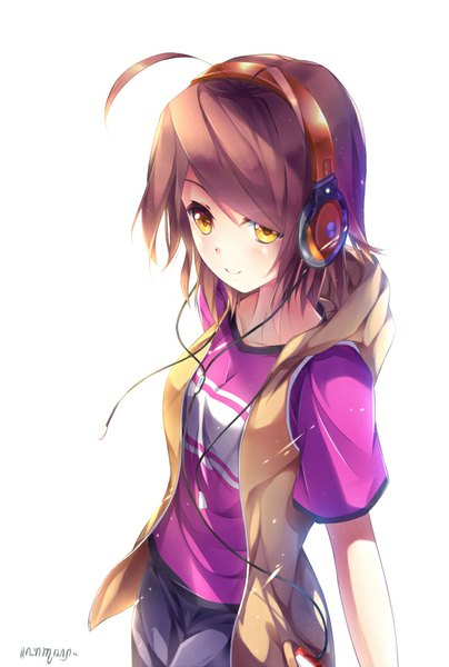 Anime picture 719x1066 with original tsuicha mizuki (original) dmith (baguscasbon) single long hair tall image blush simple background smile brown hair white background yellow eyes ahoge open clothes open jacket girl headphones hood hoodie wire (wires)
