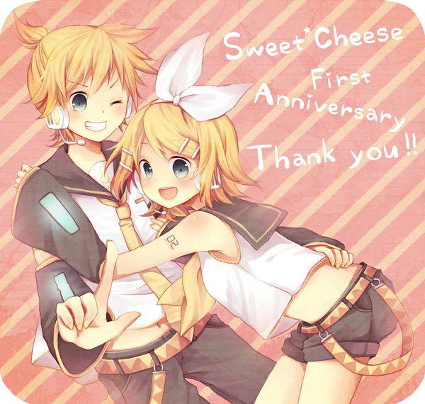 Anime picture 1000x950 with vocaloid kagamine rin kagamine len chizu (sweet*cheese) blush short hair open mouth blonde hair smile bare shoulders one eye closed aqua eyes wink inscription twins anniversary thank you girl boy hair ornament