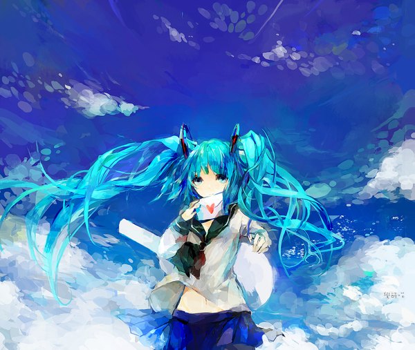 Anime picture 1535x1299 with vocaloid hatsune miku juexing (moemoe3345) single long hair twintails sky cloud (clouds) aqua eyes aqua hair girl uniform serafuku letter love letter