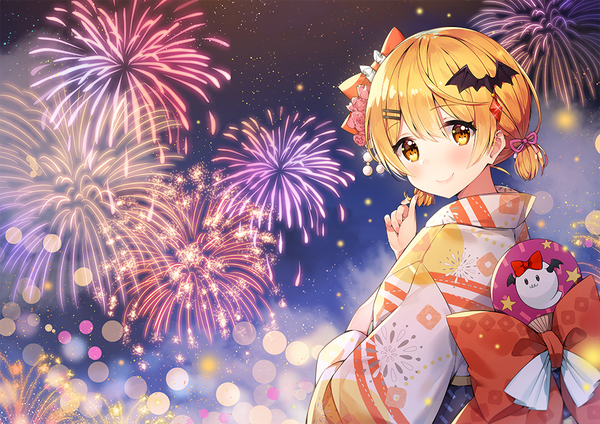 Anime picture 1000x707 with virtual youtuber hololive yozora mel ayami (annahibi) single looking at viewer blush fringe short hair blonde hair smile hair between eyes standing twintails yellow eyes upper body outdoors traditional clothes japanese clothes looking back