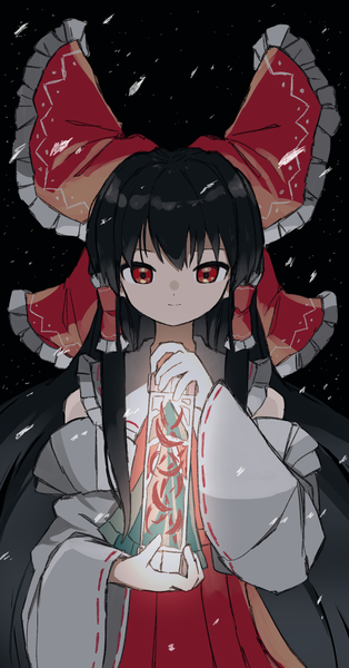 Anime picture 1590x3035 with touhou hakurei reimu neruzou single long hair tall image fringe black hair hair between eyes red eyes holding traditional clothes japanese clothes light smile nontraditional miko girl bow hair bow detached sleeves hair tubes