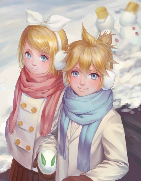 Anime picture 1440x1848 with vocaloid kagamine rin kagamine len hejia abby tall image looking at viewer fringe short hair blue eyes blonde hair hair between eyes standing from above snow siblings twins brother and sister girl boy bow