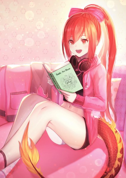 Anime picture 1750x2479 with original dolce (dolsuke) single long hair tall image blush fringe highres open mouth smile hair between eyes red eyes sitting holding payot looking away ponytail red hair indoors tail