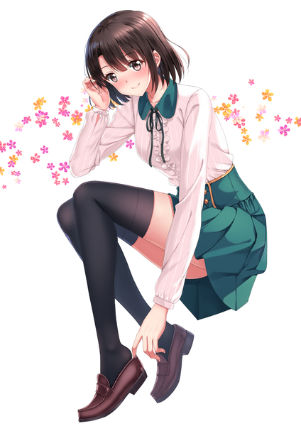 Anime picture 1102x1560 with saenai heroine no sodatekata a-1 pictures katou megumi swordsouls single tall image blush short hair black hair smile white background brown eyes looking away girl thighhighs dress flower (flowers) black thighhighs