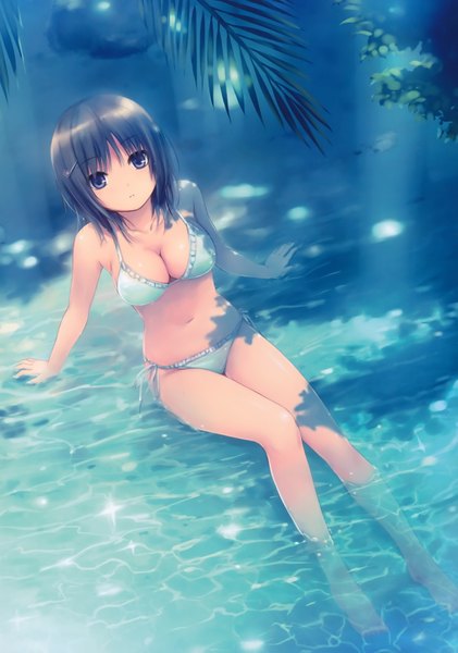 Anime picture 4915x7002 with original aoyama sumika coffee-kizoku single long hair tall image highres breasts blue eyes light erotic black hair sitting bare shoulders absurdres cleavage barefoot sunlight scan arm support bare legs