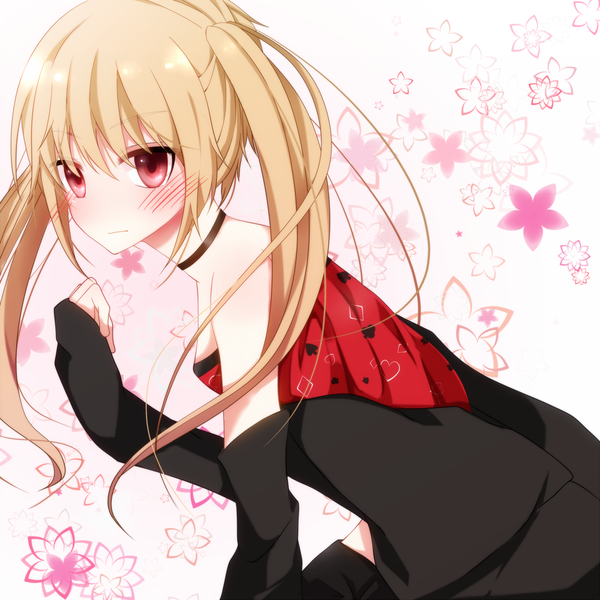 Anime picture 1412x1412 with original bloodcatblack (tsukiko) long hair blush blonde hair red eyes twintails girl dress flower (flowers) detached sleeves
