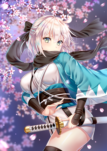 Anime picture 848x1200 with fate (series) fate/grand order koha-ace okita souji (fate) (all) okita souji (koha-ace) hakuda tofu single tall image looking at viewer blush fringe short hair breasts blonde hair hair between eyes holding green eyes ahoge traditional clothes japanese clothes